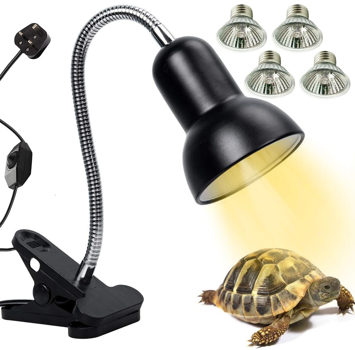 IuulFex Tortoise Heat Lamp Turtle Basking Light for Reptiles with 25W 50W E27 UVA UVB Spotlight Holder Clamp Fixture 360° Rotating Neck Lizards Aquarium Black- 3 Bulbs (IF-30-2-UVA-CLAMP-BLACK)