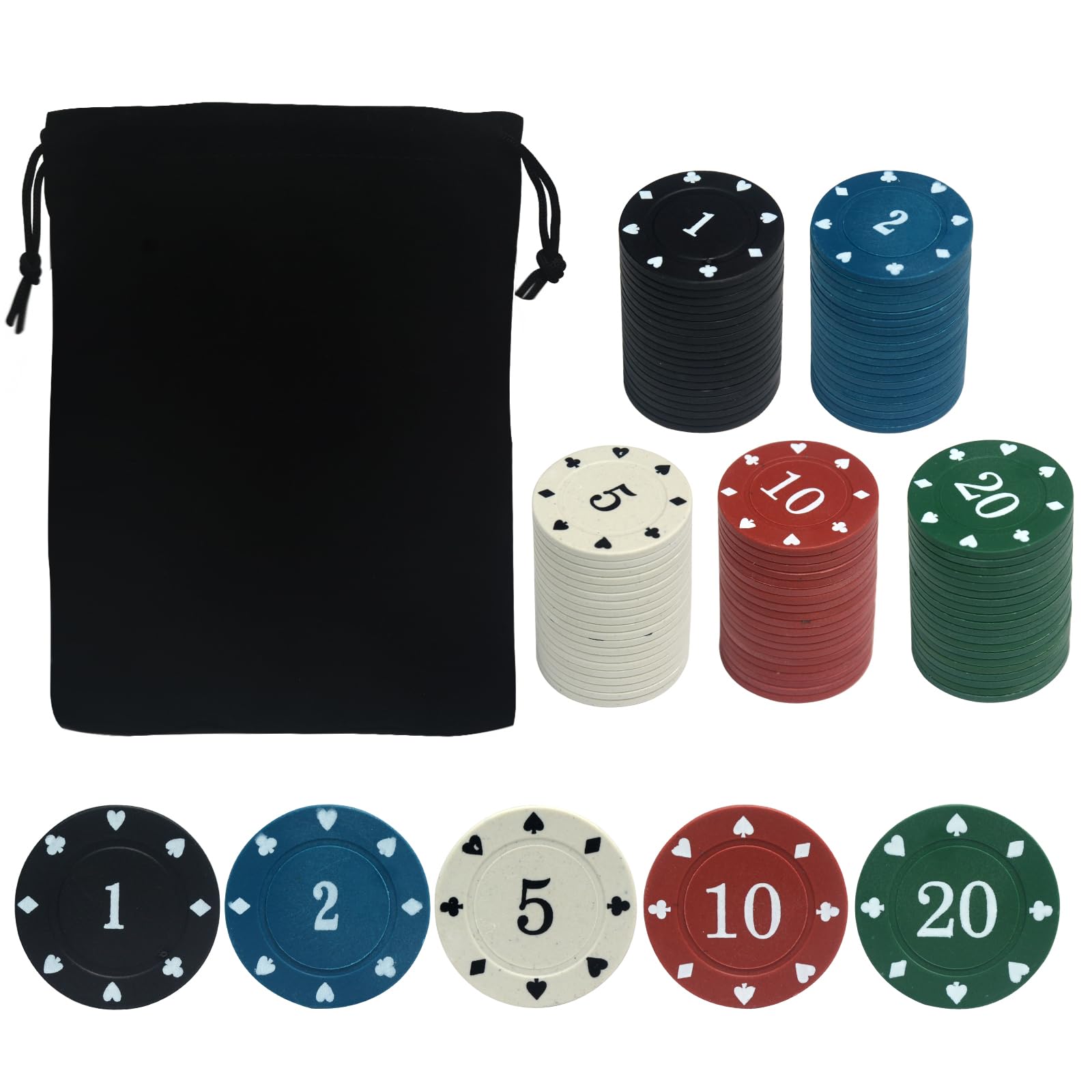 Photo 1 of 100PCS Poker Chip Set with Portable Storage Bag Professional Grade Casino Style 5 Colours for Texas Holdem Blackjack Poker Night Party (Small Denomination)
