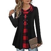 Bebonnie Womens Long Sleeve Cowl Neck Warm Splicing Tunic Tops with Buttons