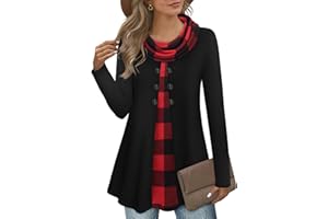 Bebonnie Womens Long Sleeve Cowl Neck Warm Splicing Tunic Tops with Buttons