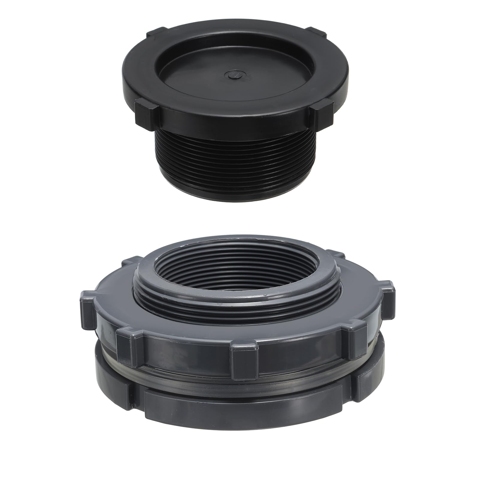 PATIKIL PVC Bulkhead Fitting with Plug G 2-1-2, Double Threaded Bulkhead Water Tank Connector with PVC Seal Gasket for Rain Bucket, Sinks, Aquariums, Grey