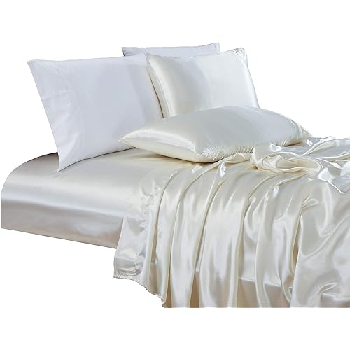 Chezmoi Collection 4-Piece Bridal Satin Solid Color Sheet Set (California King, Ivory)