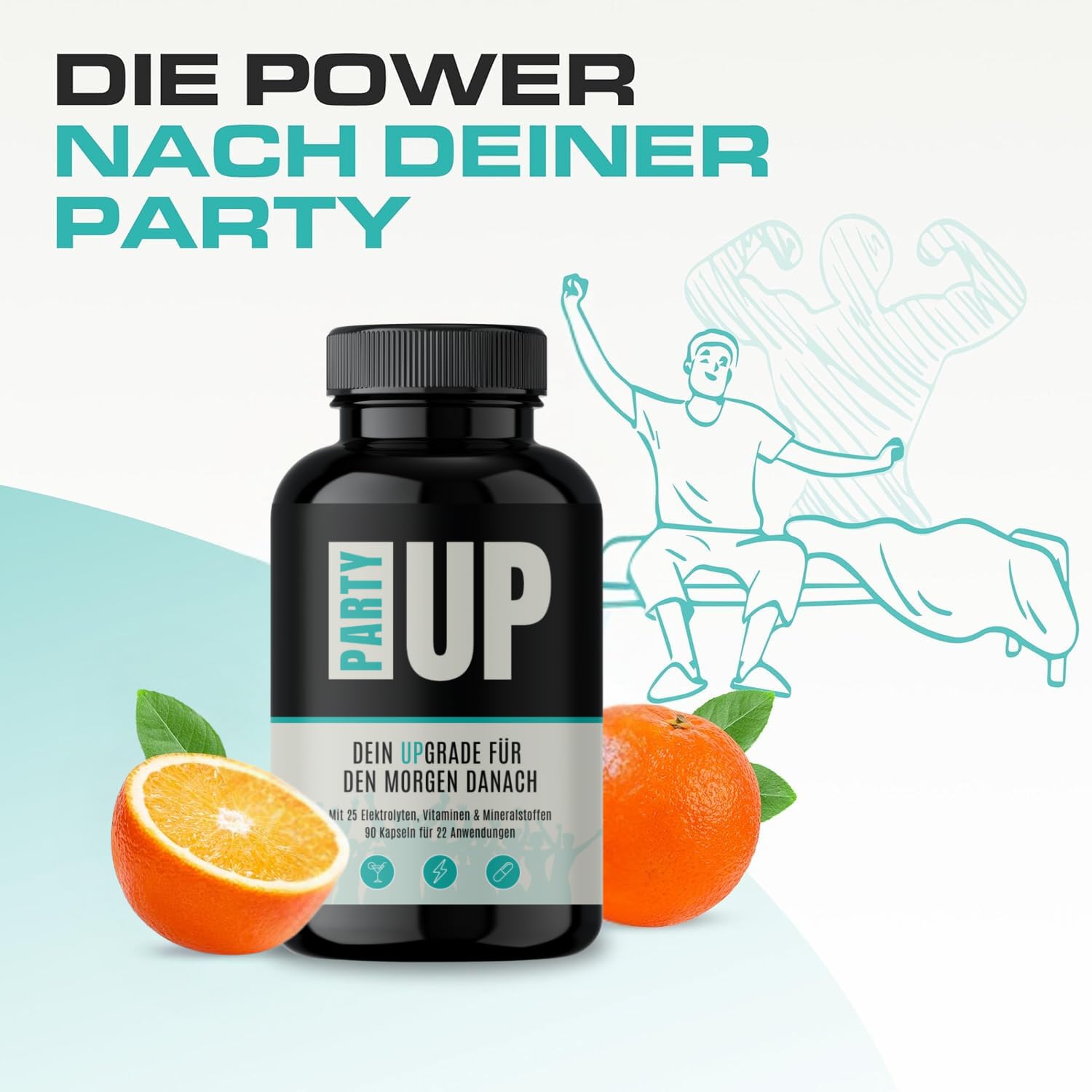 PARTYUP mit 25 Elektrolyten, Vitaminen & Mineralstoffen, 90 After Party Kapseln, für den Morgen Danach, 90 Kapseln 2