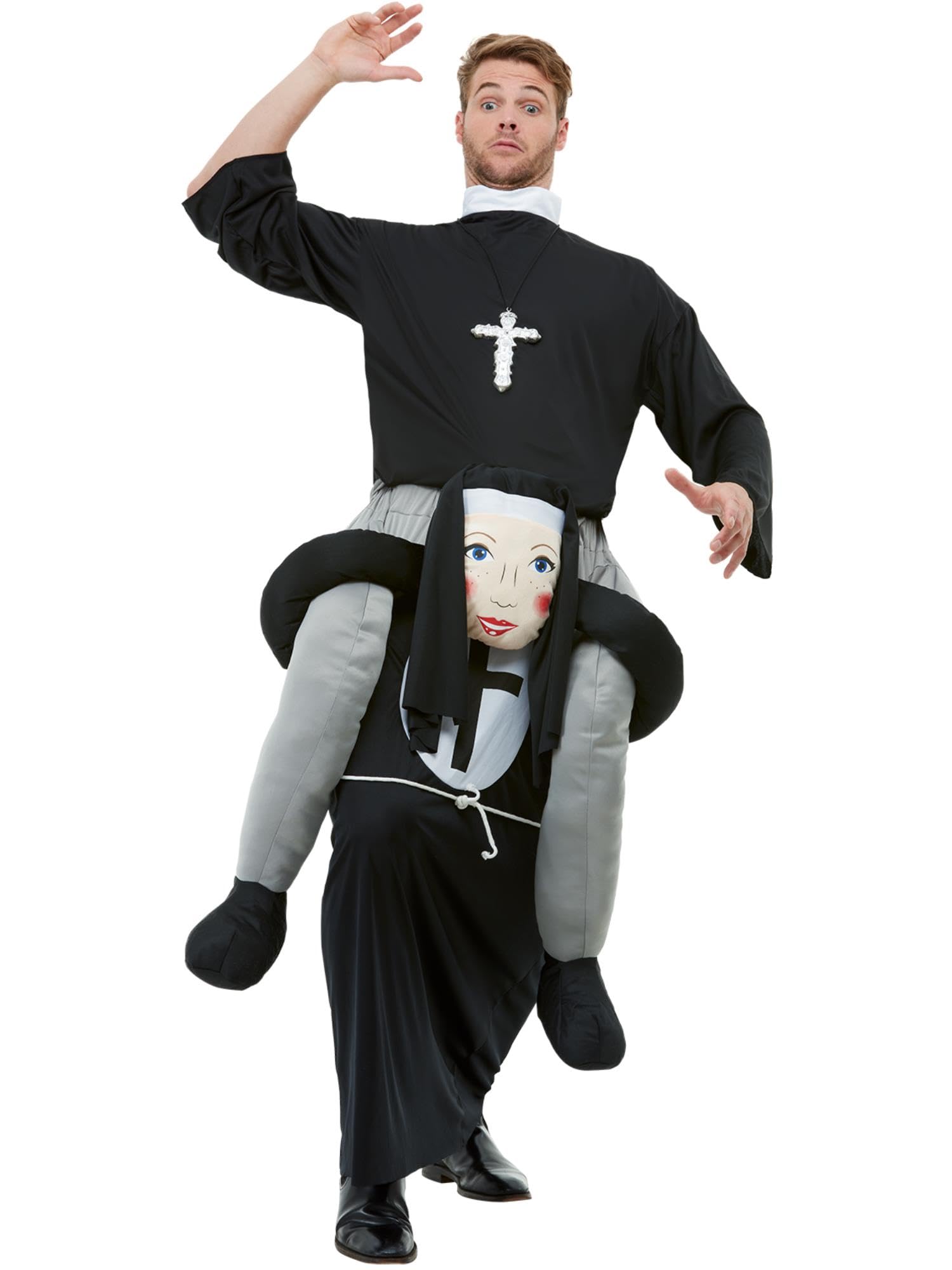 Smiffys Piggyback Nun Costume, Black One Piece Suit with Mock Legs, Saints and Sinners Fancy Dress, Nun Dress Up Costumes