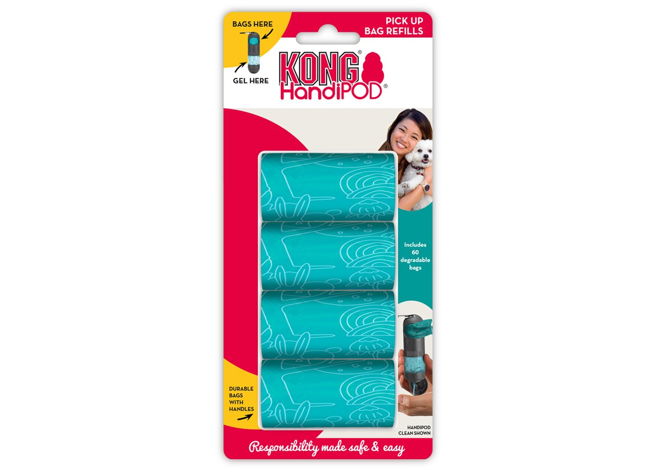 KONG HandiPOD Dog Poop Bag Refills – 60 Durable Tie-Handle Waste Bags (4 Rolls) | Thick, Leak-Resistant Cleanup Bags for Dog Walkers | Regular Size Pet Waste Refill Bags