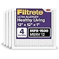 Filtrete 12x12x1 AC Furnace Air Filter, MERV 12, MPR 1500, CERTIFIED asthma & allergy friendly, 3 Month Pleated 1-Inch Electrostatic Air Cleaning Filter, 4-Pack (Actual Size 11.81x11.81x0.78 in)