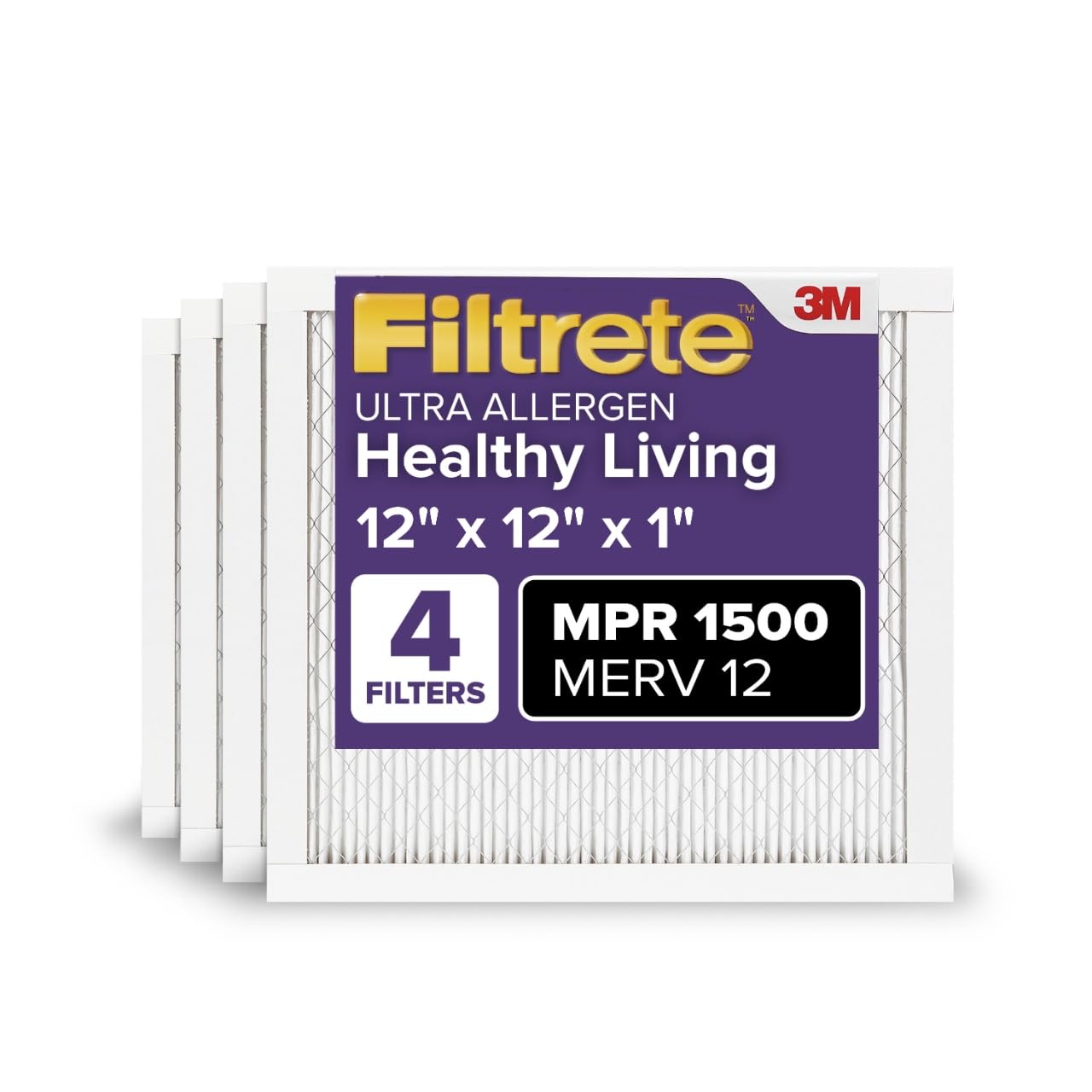 Filtrete 12x12x1 AC Furnace Air Filter, MERV 12, MPR 1500, CERTIFIED asthma & allergy friendly, 3 Month Pleated 1-Inch Electrostatic Air Cleaning Filter, 4-Pack (Actual Size 11.81x11.81x0.78 in) Image Filtrete 12x12x1 AC Furnace Air Filter, MERV 12, MPR 1500, CERTIFIED asthma & allergy friendly, 3 Month Pleated 1-Inch Electrostatic Air Cleaning Filter, 4-Pack (Actual Size 11.81x11.81x0.78 in) Image