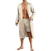 ChiaoLezhee Men's Satin Kimono Robe Set with Shorts, Silk Lightweight Bathrobe with Belt, Luxury Long Sleeve Sleepwear