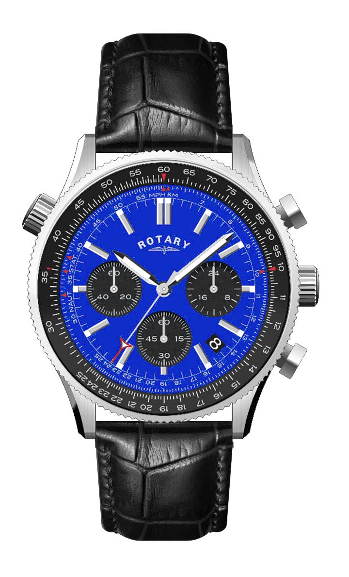 Rotary Mens Chronograph Watch, Analogue Display with Blue Dial and Black Leather Strap GS00165/05