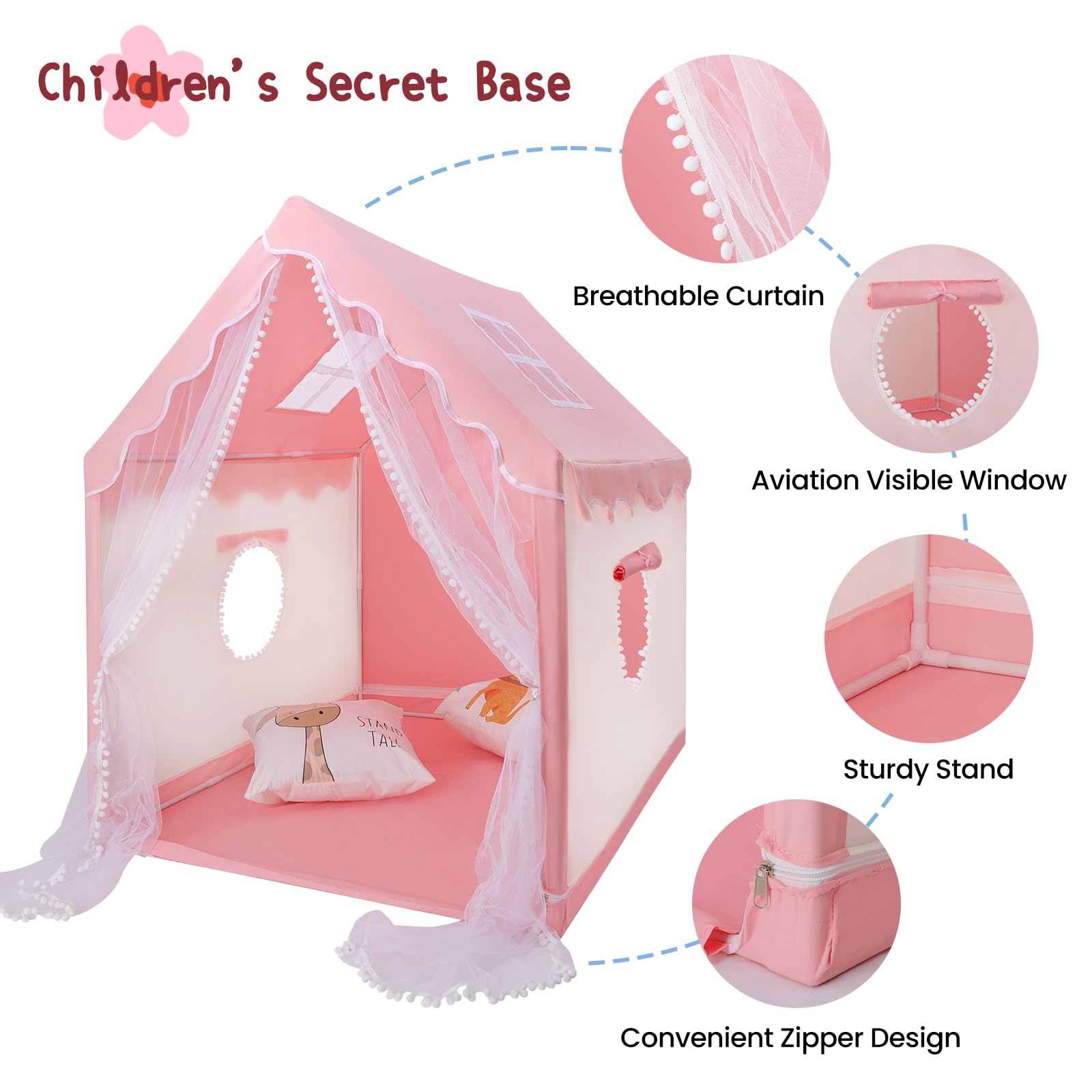 Kids Tent Play Tents for Toddler Children Indoor and Outdoor Large Pink Girls Princess Playhouse Castle with Windows Kids Room Furniture 47