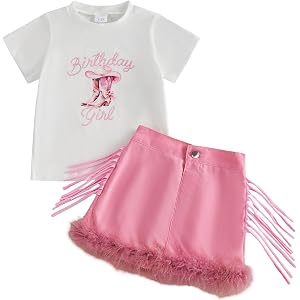 Gaono Toddler Baby Girls Birthday Outfit Western Cowgirl Boots Print Short Sleeve T-Shirt Tassel Feather Trim Mini Skirt Set