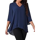 Seta T Women's High Low Tops Dressy Casual 3/4 Bell Sleeve V Neck Asymmetrical Hem Shirt Chiffon Blouse