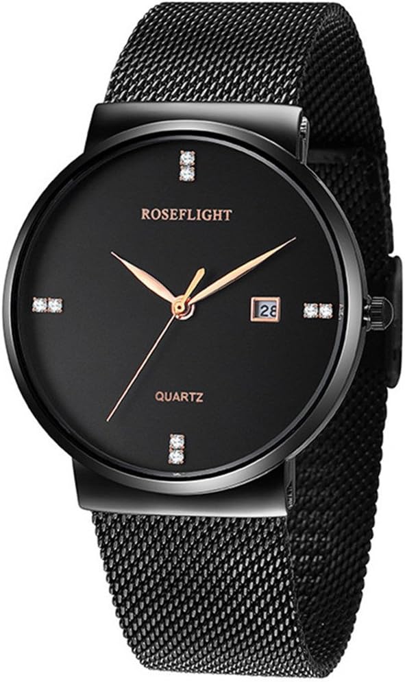 Men's Fashion Date Slim Analog Quartz Watches Black Dial with Stainless Steel Gold Mesh Band