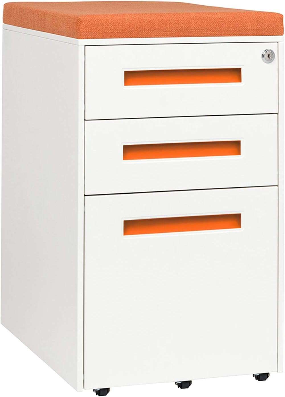 Amazon Com Stockpile Seated 3 Drawer Mobile File Cabinet With Removable Magnetic Cushion Seat Commercial Grade Pre Assembled White Orange With Orange Cushion Kitchen Dining