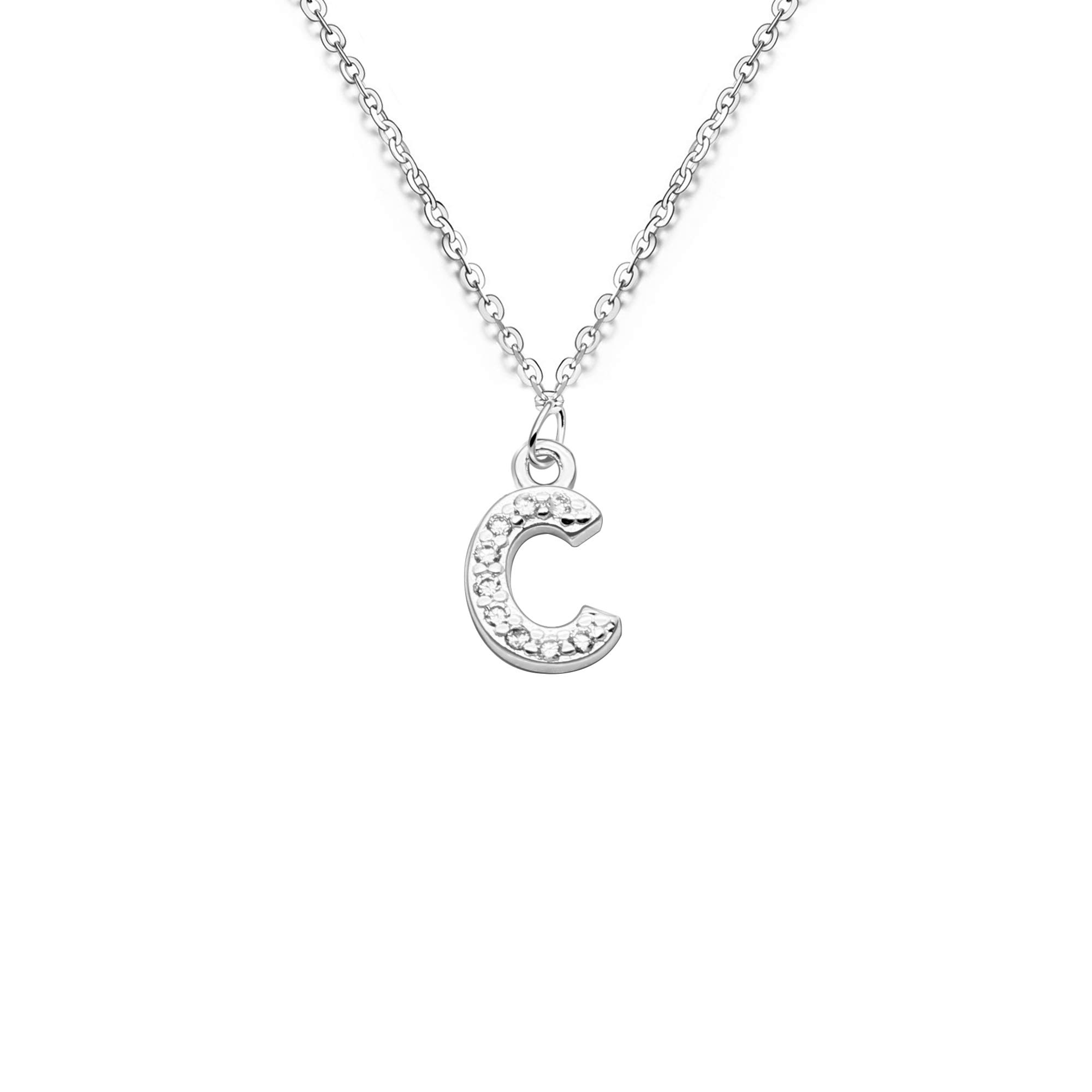bifriend S925 Silver 26 Initial English Letter Crystal Chain Necklace For Women Girl Best Gift (C)