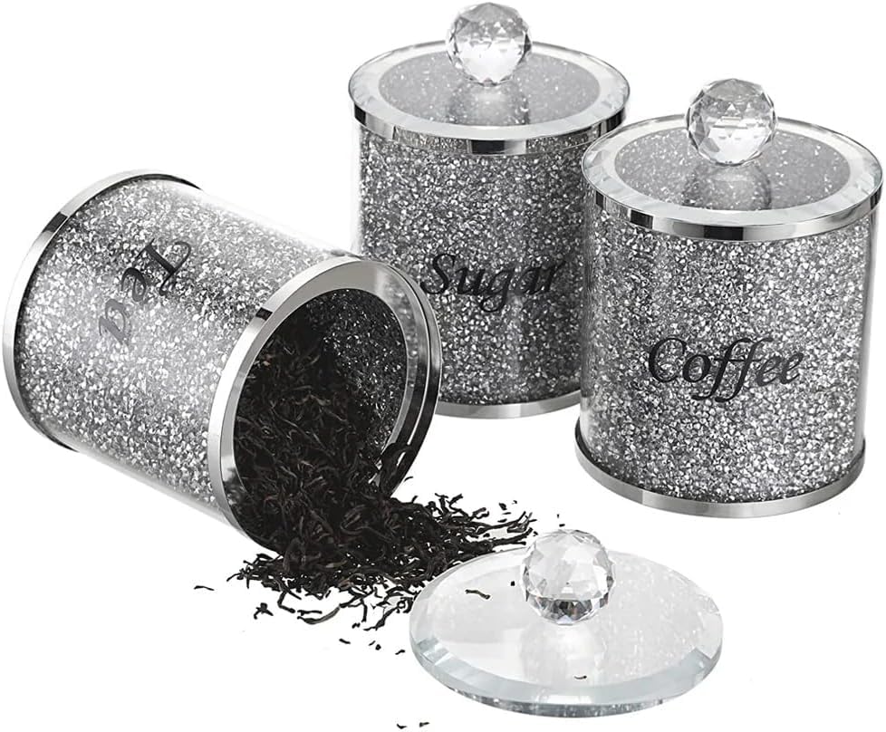 JAYOGLA Large Silver 3 Piece Crystal Glass Tea Sugar Coffee Set with Glass Lids | Countertop Décor, Storage Jars Canisters Ornaments 15CM