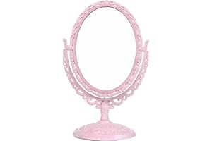 XPXKJ 5x4 Inch Tabletop Vanity Makeup Mirror 360°Two-Sided Rotatable 3X Magnifying Aesthetic Mirror, Coquette Room Decor Vintage Mirror for Desk, Bathroom Mirror Bedroom Mirror(Mini Oval, Pink)