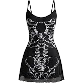 SHENHE Women's Gothic Skeleton Print Grunge Emo Alt Mini Dress | Skeleton Print Mini Dress,Gothic Outfit,Spaghetti Strap Skirt