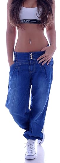 Style-Station Damen Aladin Harem Jeans Hose Baggy Boyfriend Pluderhose Blau S 36 M 38 L 40 XL 42 XXL 44
