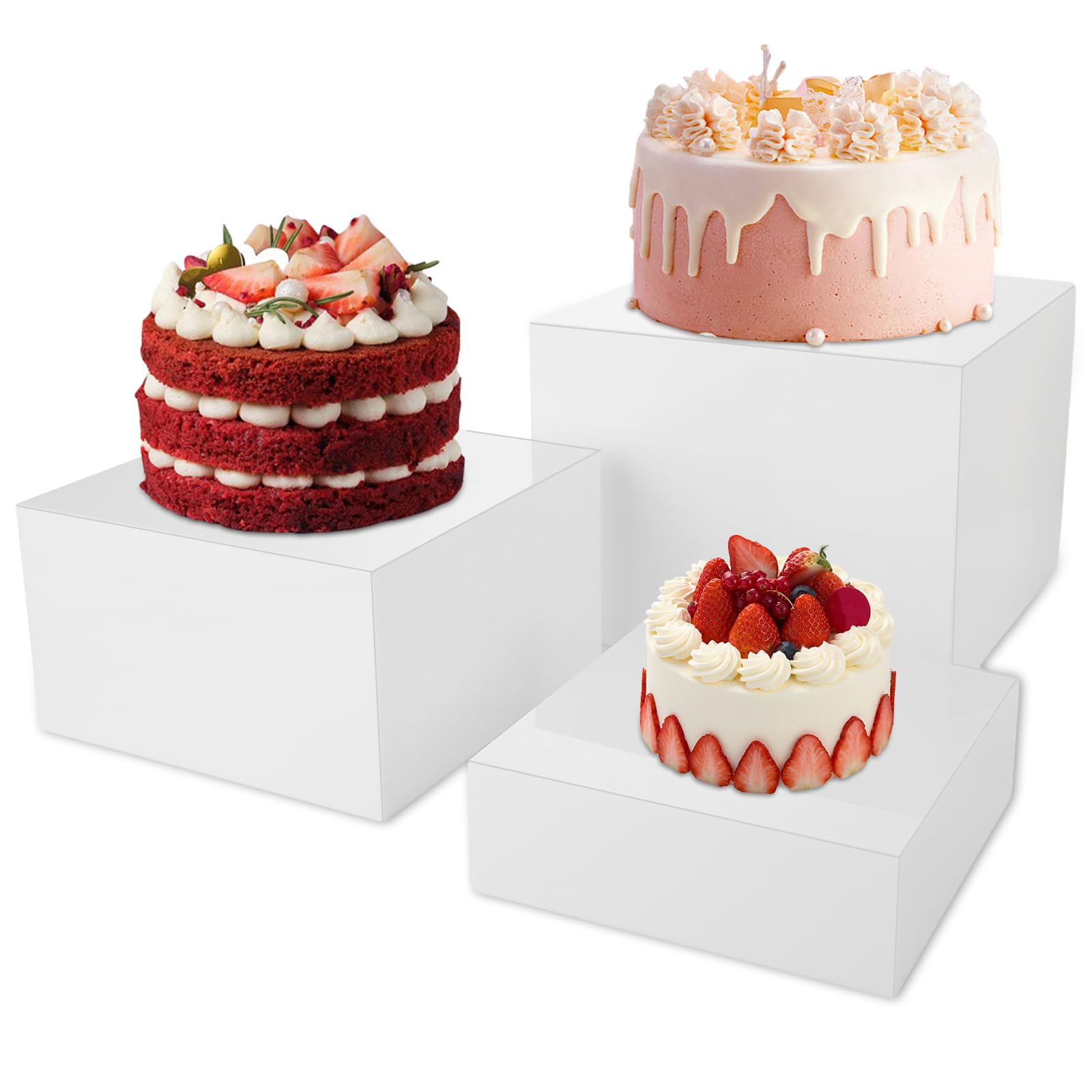 Photo 1 of CYEAH 3 Pcs Buffet Risers, Food Risers for Buffet Table, 6,7,8'' Display Stand Shelf for Catering Dessert Collectibles Jewelry Figures Show, Acrylic Display Stand Buffet Risers with Hollow Bottoms