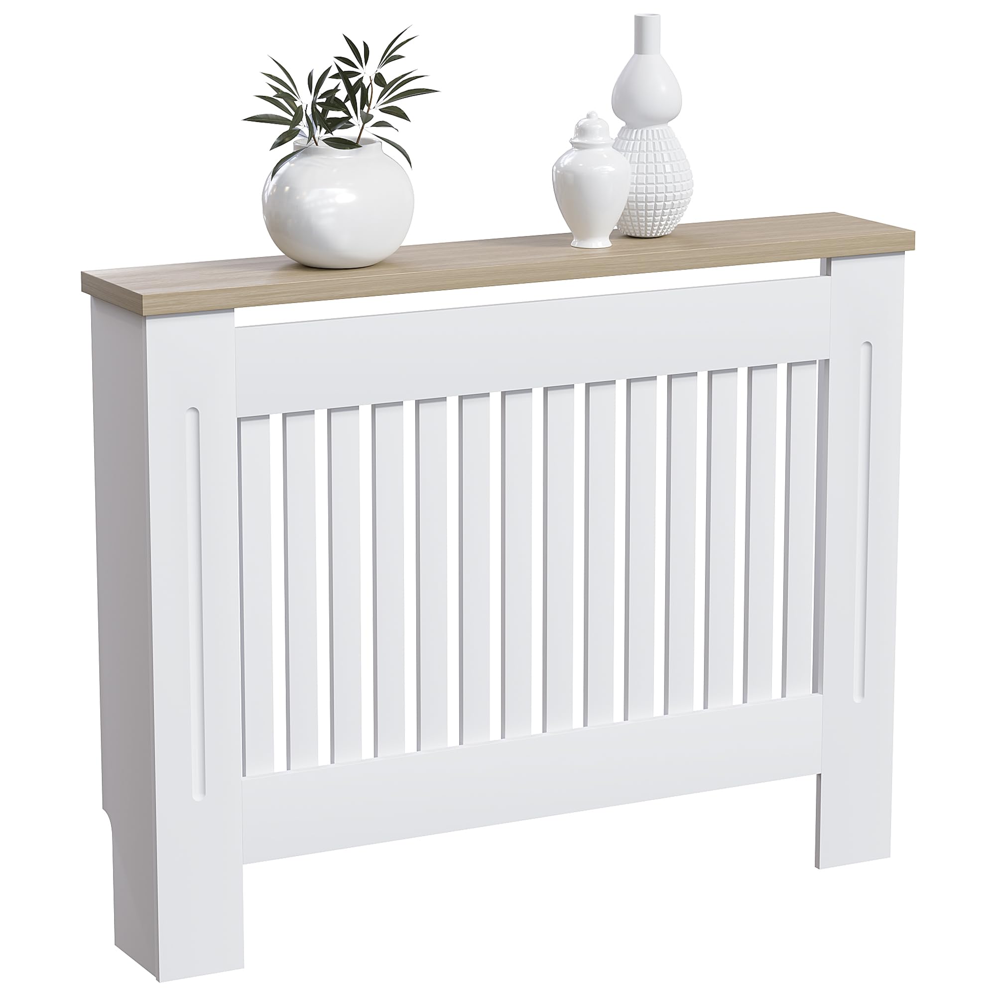 Vida Designs Arlington Radiator Cover White - Medium - Modern Shaker Style Vertical Slat Design For Optimal Heat Circulation - H83.3xW111xD19cm - Painted MDF Cabinet with Wood Top Shelf