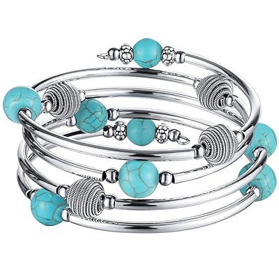 Pulsera turquesa con brazalete de chakra con cuentas - Pulsera con envoltura de joyería de moda con metal plateado grueso y cuentas de mala, regalos de cumpleaños para mujeres