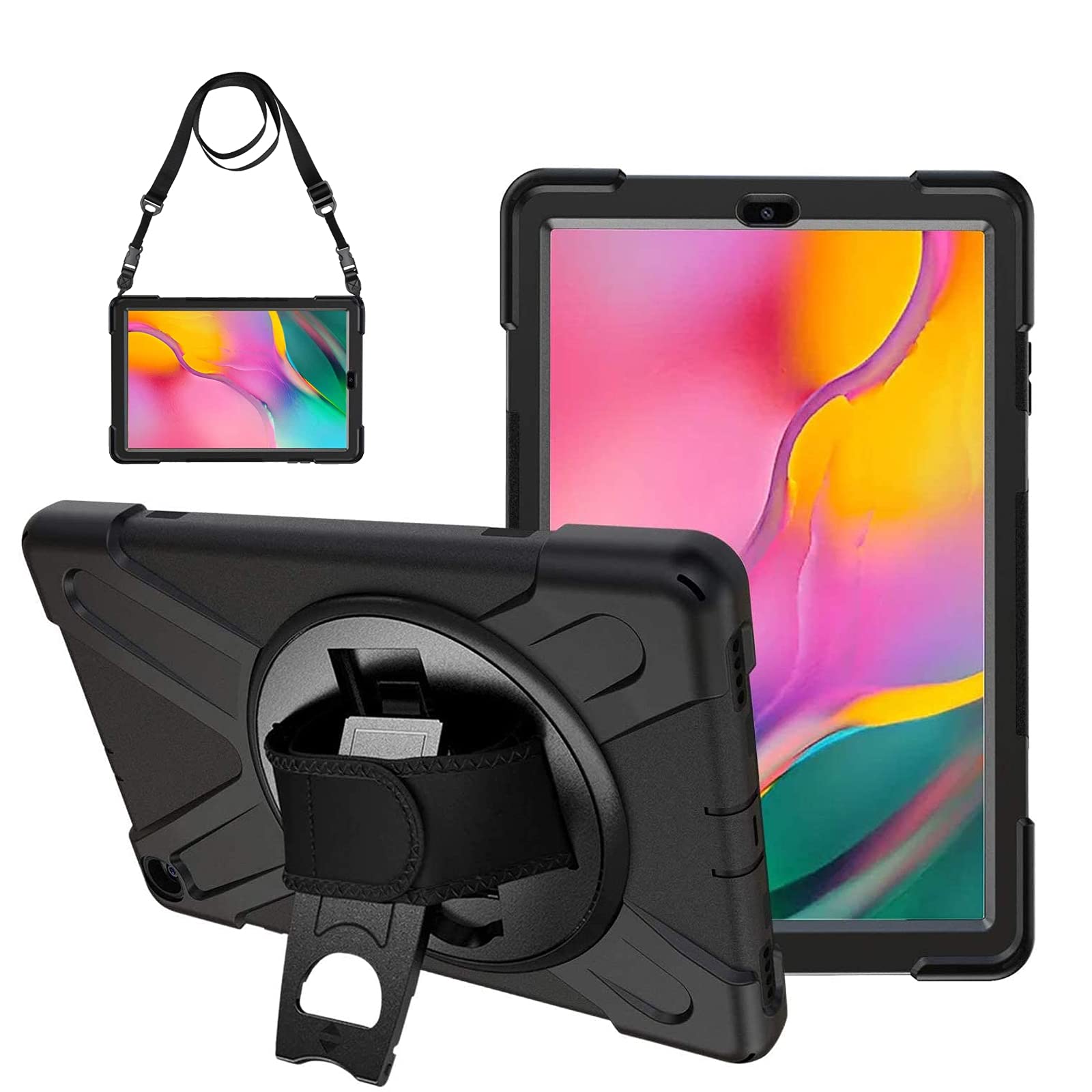 Gerutek for Samsung Galaxy Tab a 10.1 Case 2019,SM-T510/T515 Case with Built-in Screen Protector Rotation Stand, Hand/Carry Strap Heavy Duty Shockproof Cover for Galaxy Tab a 10.1 T510/T515, Black