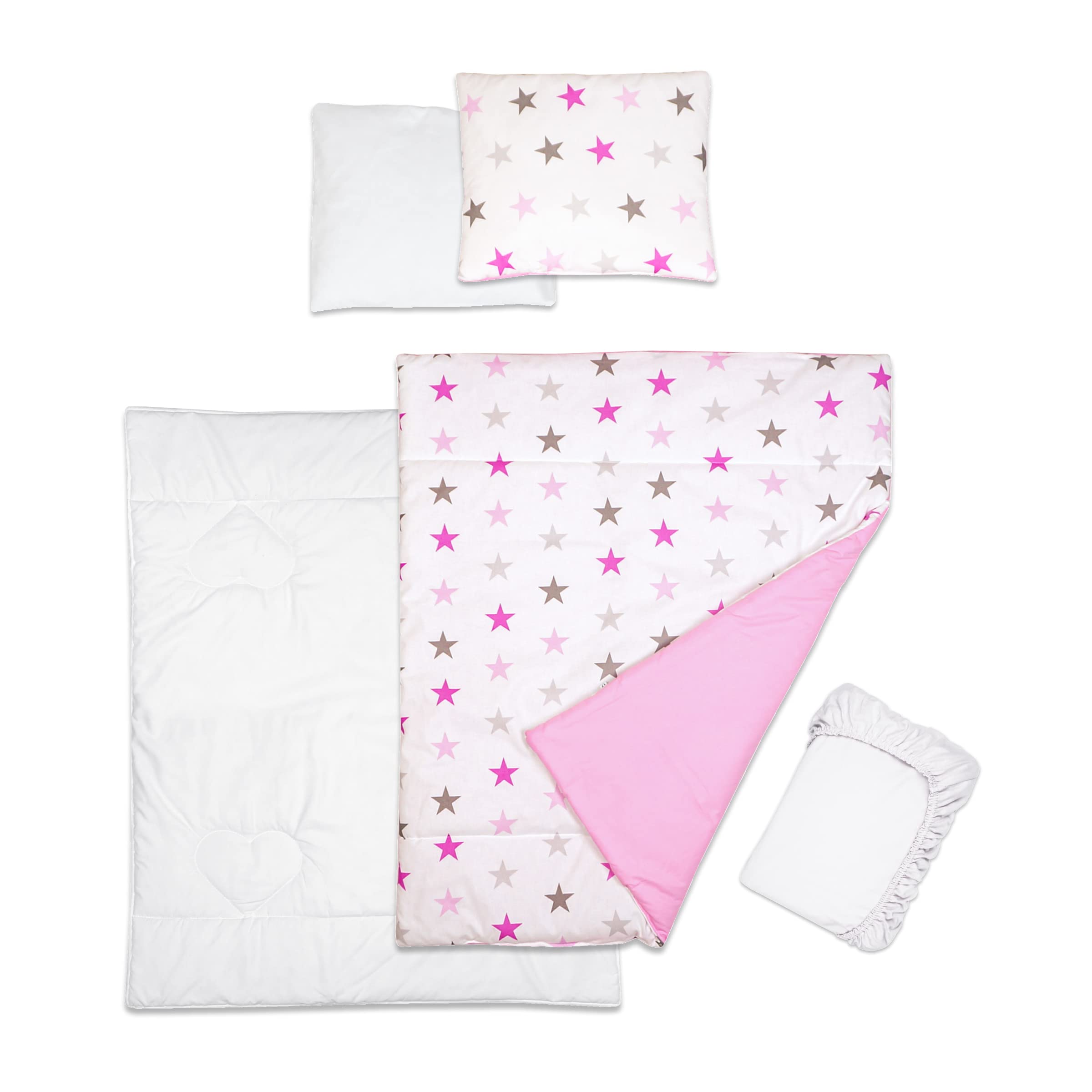 Baby Comfort 5 Piece Toddler Bedding Duvet Pillow with Covers & Jersey Sheet fits 95x65cm Travel Cot 12M+ (Pink Stars)