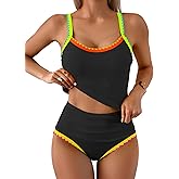 Eomenie Tankini Swimsuit for Women Tummy Control Ruched Two Piece Bathing Suits High Waisted Shell Stitch Swimwear
