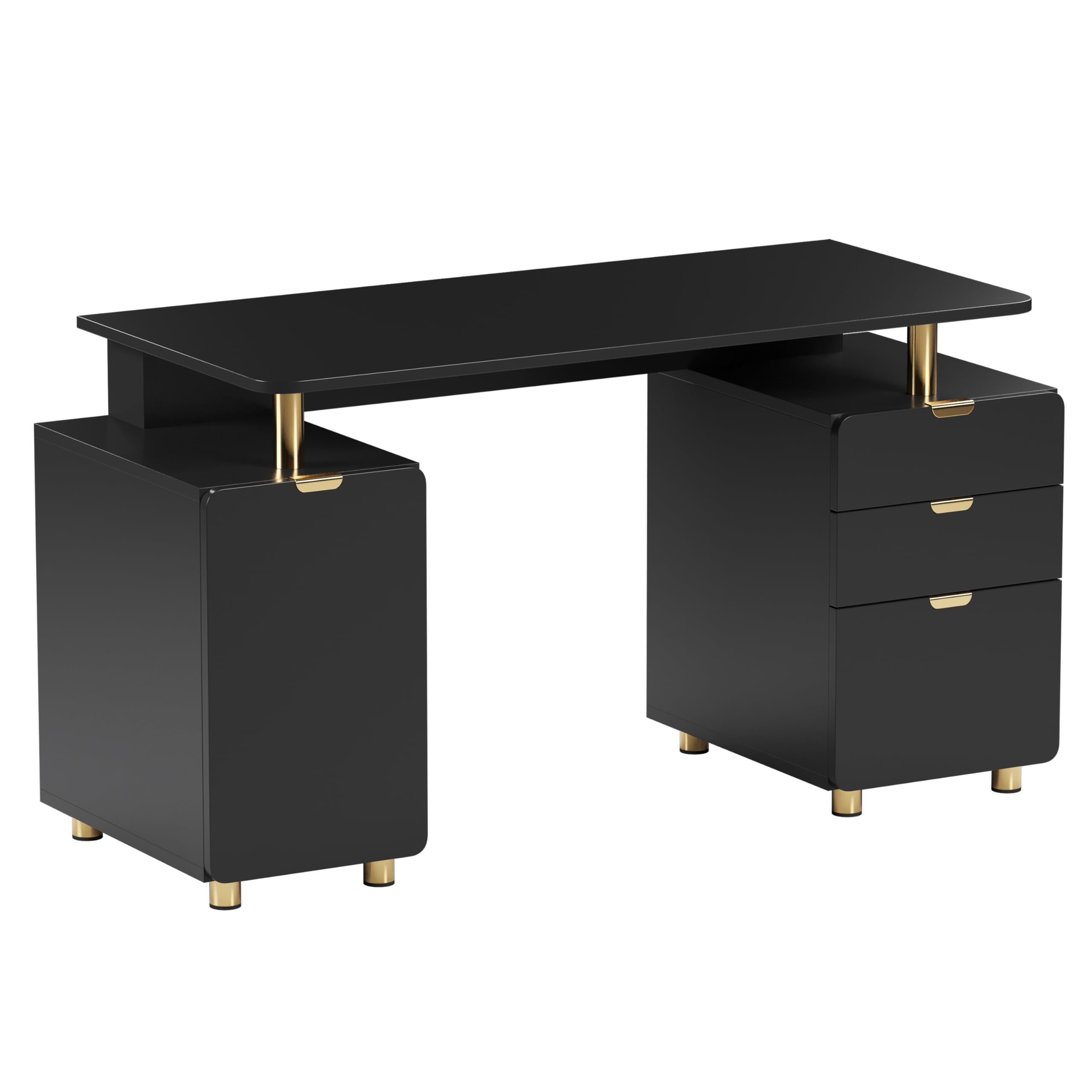 Elegant 56.75" W Executive Desk with 3 Drawers and Storage Cabinet, Modern Office Desk with Gold Accents, Floating Work Surface, Closed Storage with Ventilation & Adjustable Shelf (Black,Gold) Image