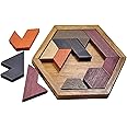Wooden Hexagon Puzzle for Kid Shape Pattern Block Brain Teaser Puzzles Wood Block Puzzle Geometric Tangram Puzzle Blocks Game STEM Montessori Educational Gift for Kids (Classic Brown)