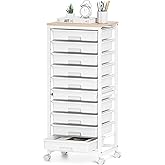 SYKIARIOL Rolling Cart with Drawers,10 Drawer Rolling Cart,Storage Cart with Wheels,Utility Cart with Drawers,Teacher Cart for Classroom Storage,Craft Cart with Wheels and Wooden Tabletop,White