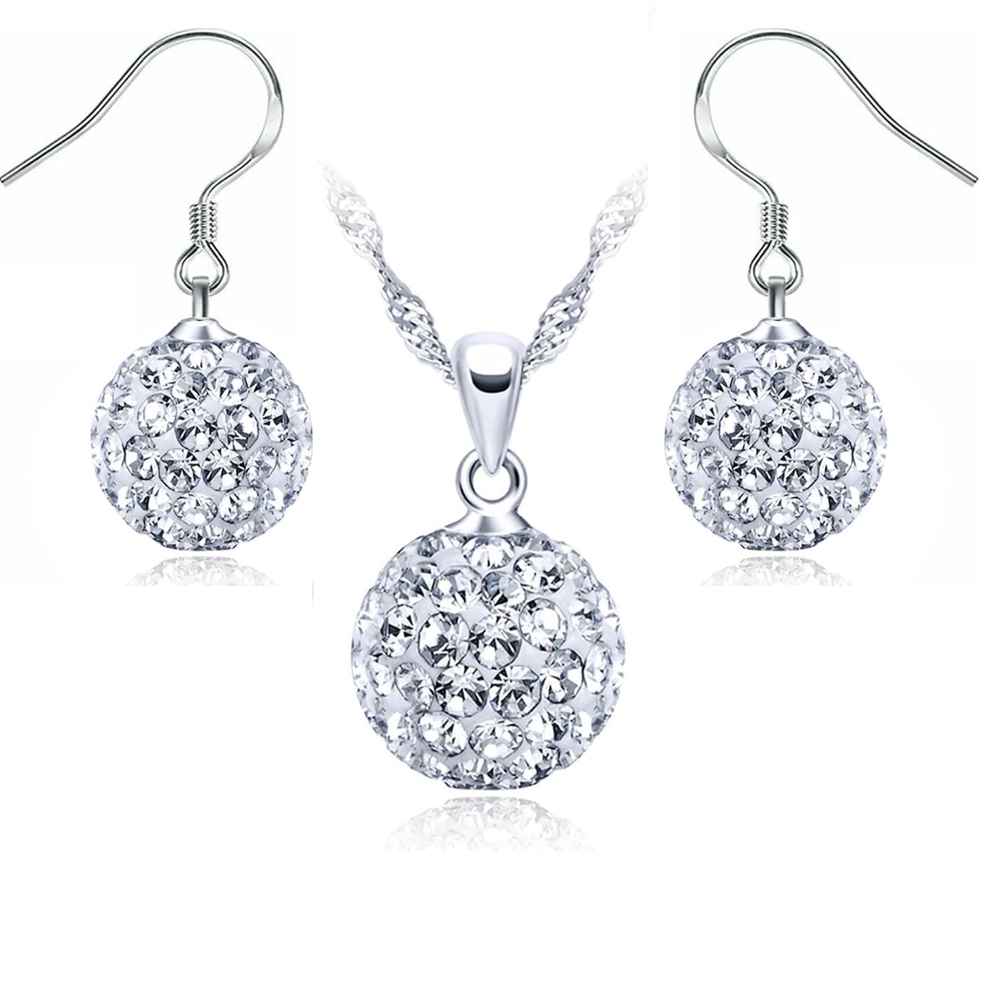 Crystalline Azuria Women 925 Sterling Silver White Crystals Disco Ball Set Pendant Necklace 17.7 inches Hook Earrings