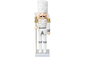 FUNPENY 14" Christmas Decorative Nutcracker Figures, Handmade Wooden Soldier in White Uniform Hold Scepter, Festive Collectible Nutcracker Gift for Indoor Winter Table Desktop Fireplace Decorations
