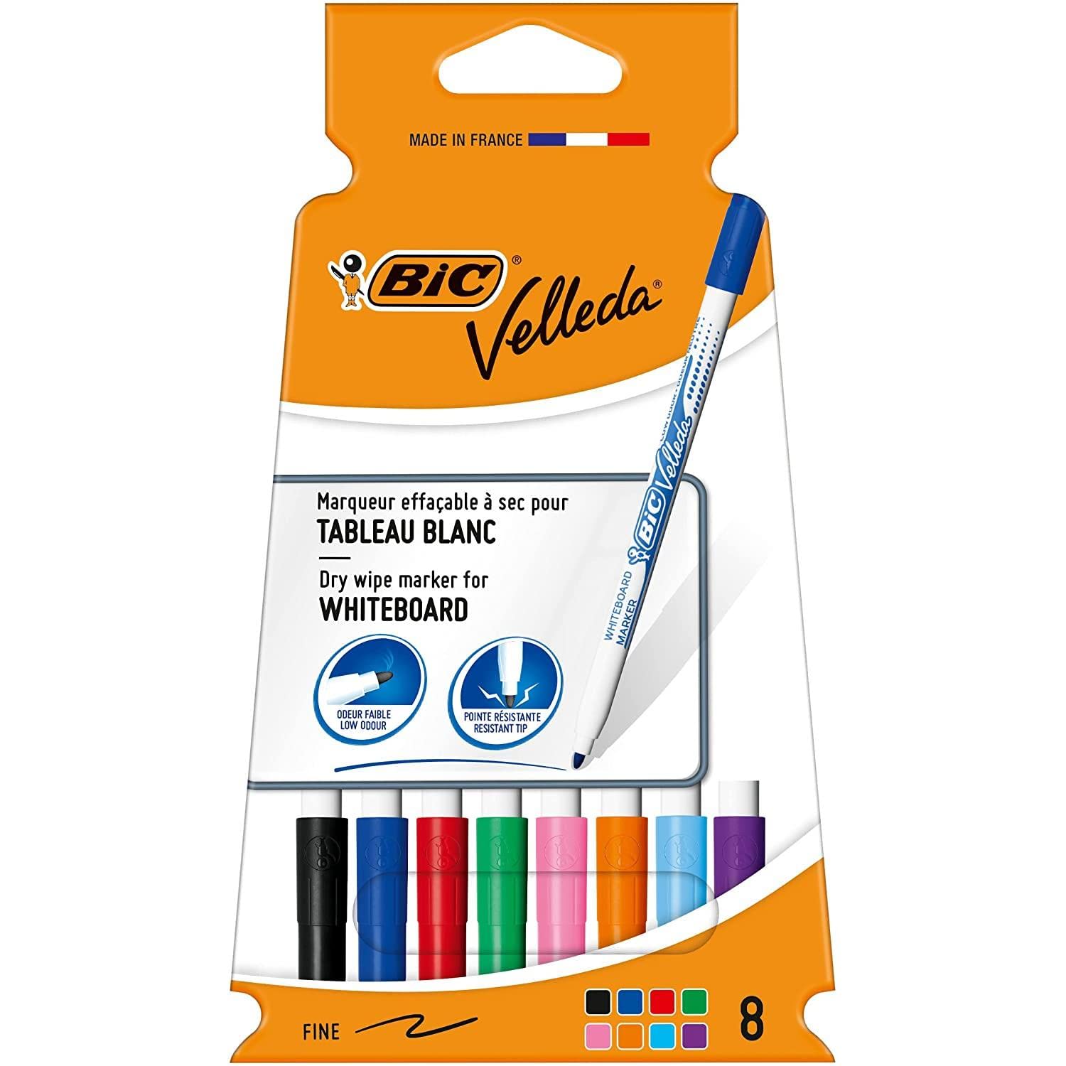 BIC Velleda 1721 Whiteboard Pens Fine Bullet Nib - Assorted Colours, Pack of 8