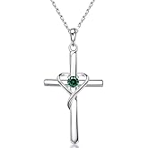 AmorAime 925 Sterling Silver Cross Necklace for Women Men 14K Gold Plated 5A CZ Birthstone Necklaces for Holiday