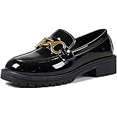 Chunky Heel Loafers for Women with Metal Buckle Glossy Patent Leather Comfortable Round Toe Anti-Slip Lug Sole Slip On Penny Loafers Casual Work Business Dress Shoes
