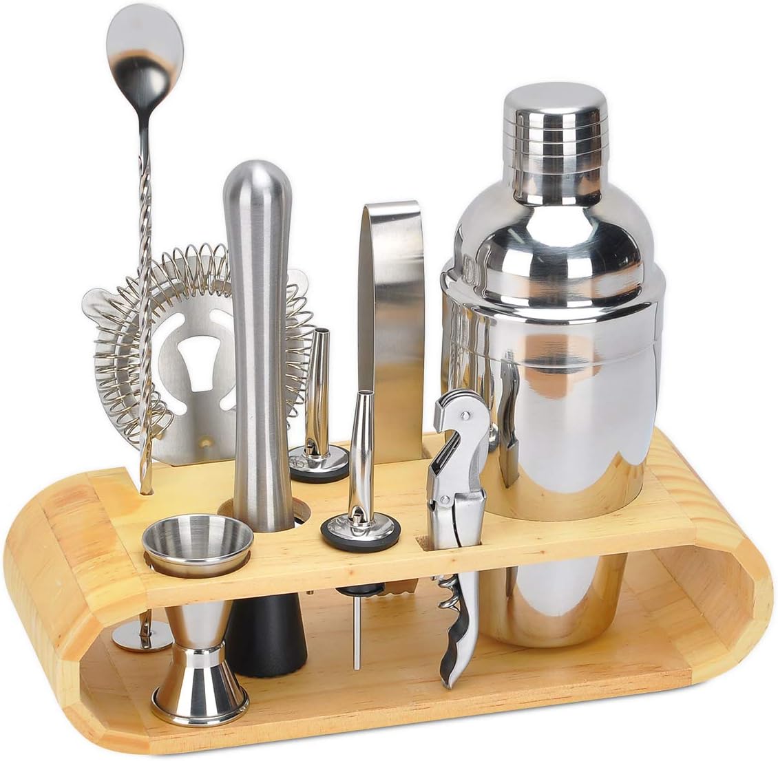 Cocktail Shaker Set, Songway 10 Pieces Cocktail Making Set Stainless Steel Bar Tool Set Bartender Kit with Wooden Display Stand, Pro Cocktail Gift Set for Beginner or Pro Bartender (750ml)