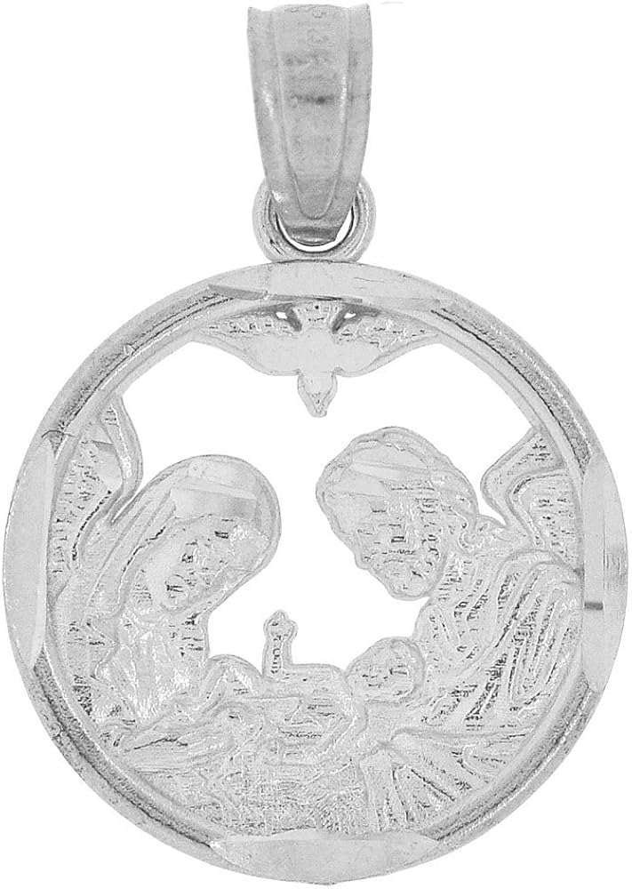 14k White Gold, Small Baptism Christening Medal Pendant Religious Charm Round Cutout