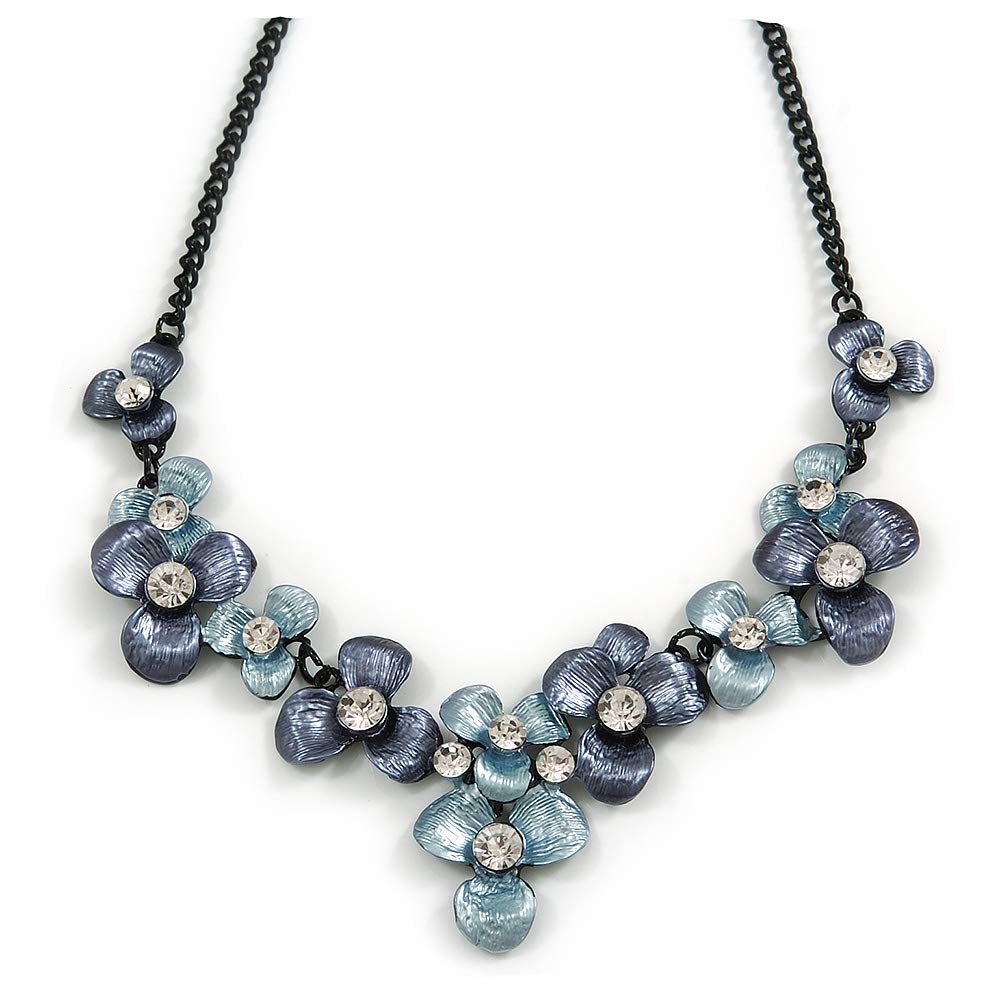 Avalaya Violet Blue/Light Blue Metallic Matte Enamel Flower Cluster Clear Crystal Necklace In Black Tone - 42cm L/ 5cm Ext