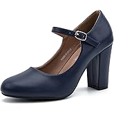 MAIERNISI JESSI Women's Mary Jane Pumps, Closed Round Toe, Block Heel with Ankle Strap Buckle, 3.54 Inch High Heel