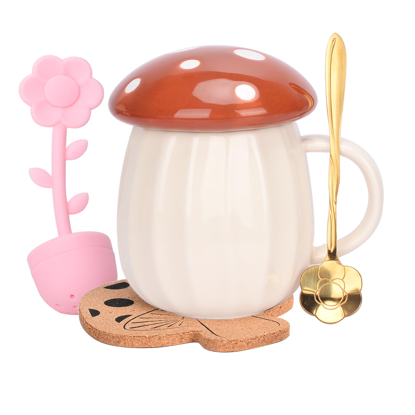XinHuiGY Mushroom Mug, Cute Coffee Mug with Lid and Flower Spoon, Kawaii Mushroom Tea Cup, 250ml/8oz Funny Mushroom Cup for Milk, Gift for Women, Girl,Christmas, Birthdays (Brown)