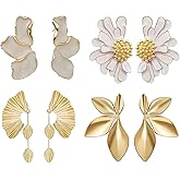 4 Pairs Chunky Gold Flower Earrings for Women Large Statement Leaf Dangle Earrings Exaggerated Floral Vintage Boho Earrings Trendy Fashion Jewelry Gift