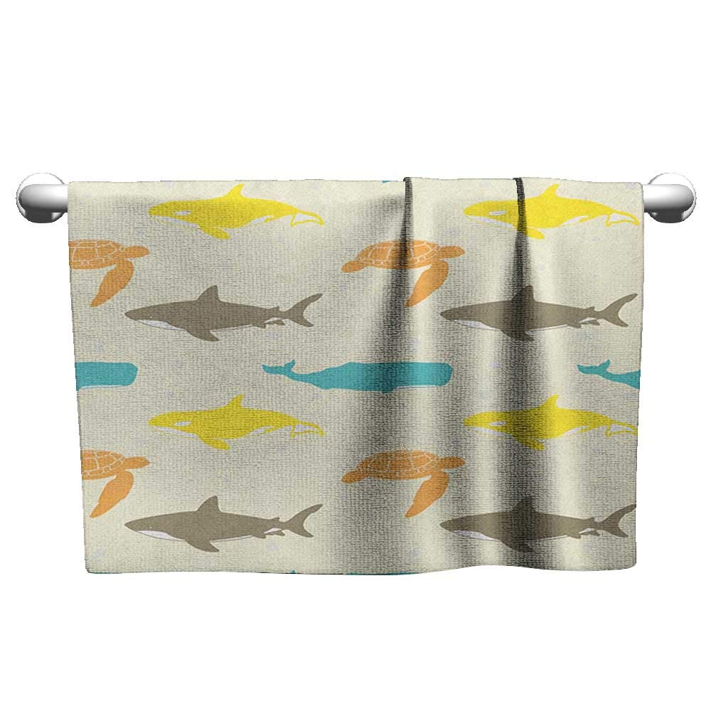xixiBO Decorative Bathroom Towel W35 x L12 Sea Animals,Pattern with Whale Shark and Turtle Aquarium Doodle Style Marine Life, Ivory Taupe Peach Bathroom Towel Set