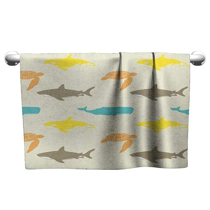 xixiBO Decorative Bathroom Towel W35 x L12 Sea Animals,Pattern with Whale Shark and Turtle Aquarium Doodle Style Marine Life, Ivory Taupe Peach Bathroom Towel Set