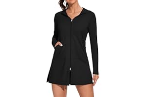 ATTRACO Womens Rash Guard Shirts Hooded Swim Shirts with Pockets Zipper Swimsuit Cover Up