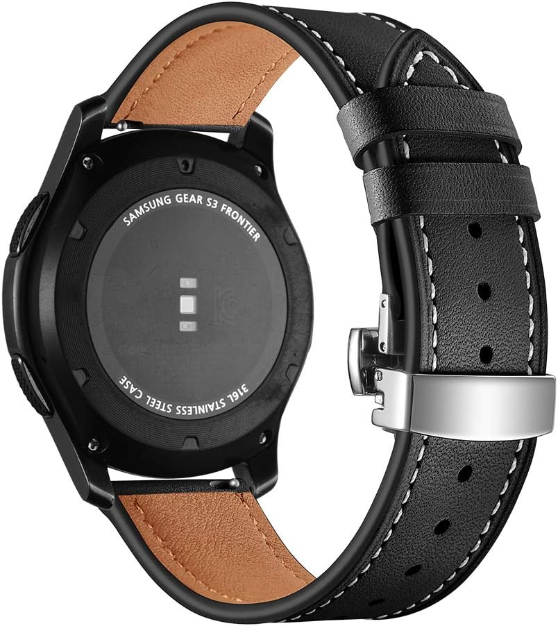 Myada Compatible for Samsung Galaxy Watch 46mm Strap Leather 22mm Sport Wristband Metal Butterfly Buckle Bracelet Replacement Strap for Samsung Gear S3 Frontier/Classic/Galaxy Watch 3 45mm/46mm, Black - Image 3