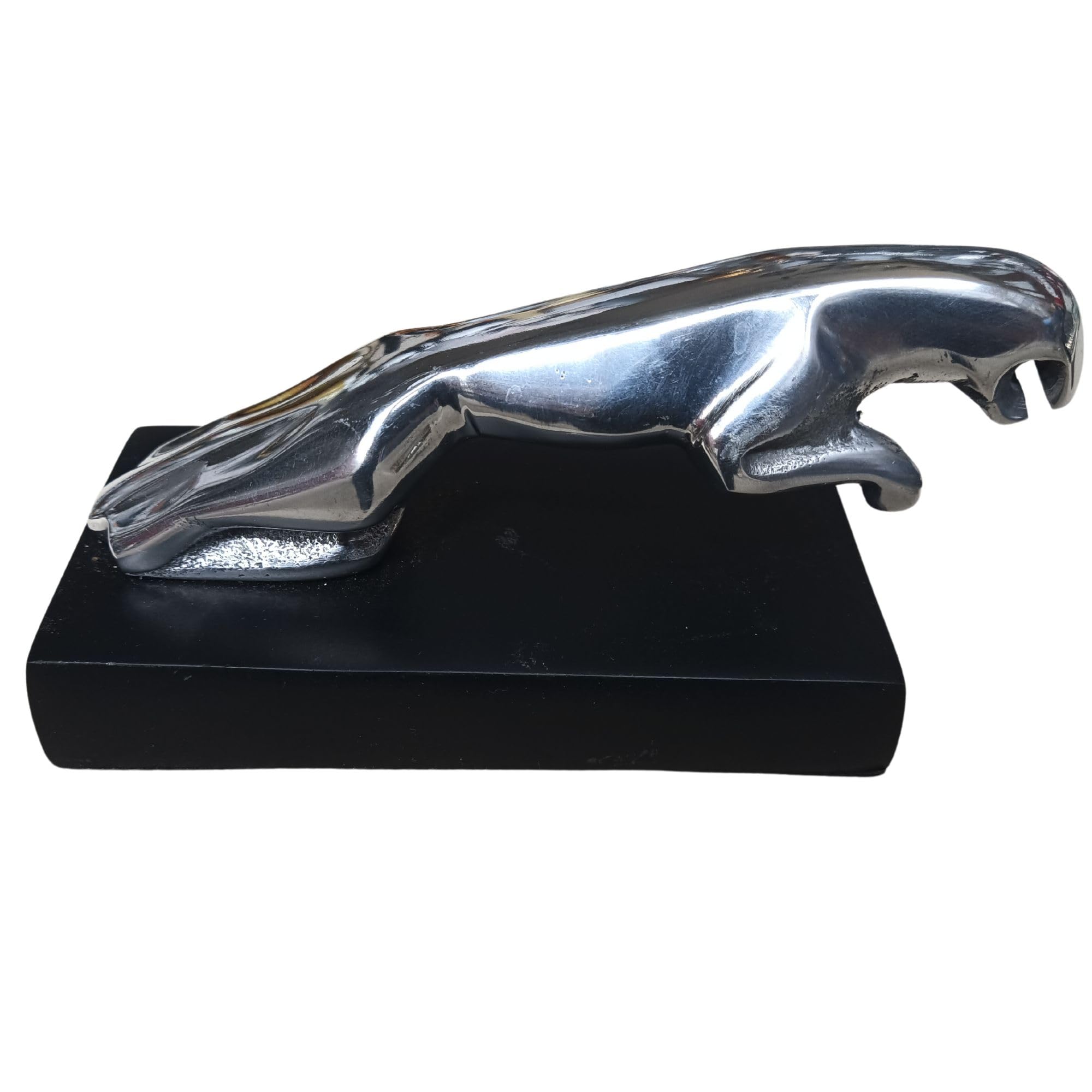 SK Style Handmade Retro Jaguar Cat Metal Ornament, Hand Polished Silver Finish, Mounted on Wooden Base.