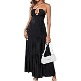 GLNEGE Summer Maxi Beach Dress Boho Halter V Neck Backless Bow Dresses Flowy Trendy Ruffle Sundress for Women 2025
