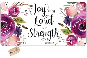 Amcove Bible Verse License Plate, Floral License Plate, Bible Scripture License Plate - The Joy of The is My Strength 6 X 12 Inch